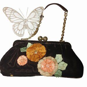 Echo 1939 Velvet Floral Vintage Handbag Clutch Chain Strap Kiss Lock Closure